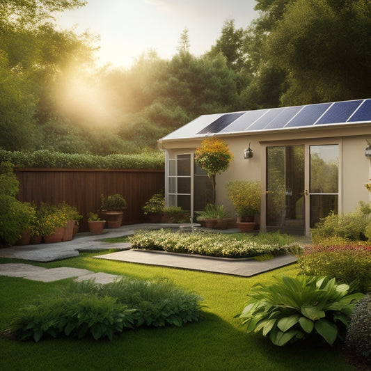 A serene backyard with a small, sleek solar panel array (4-6 panels) installed on a roof or mounted on a ground rack, surrounded by lush greenery and a few potted plants.