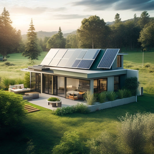 A modern, sleek, and eco-friendly dream home with a rooftop solar panel array, a compact wind turbine, and a battery storage unit, surrounded by lush greenery and a serene natural landscape.