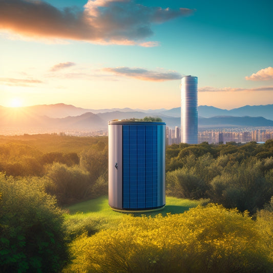 A futuristic, sleek, and modern illustration of a solar panel array connected to a large, cylindrical battery storage unit, surrounded by lush greenery and a subtle cityscape in the background.
