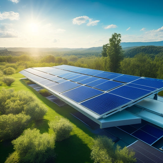 A futuristic, sleek rooftop with multiple solar panels at varying angles, surrounded by lush greenery, with a subtle glow emanating from the panels, set against a bright blue sky with a few puffy white clouds.