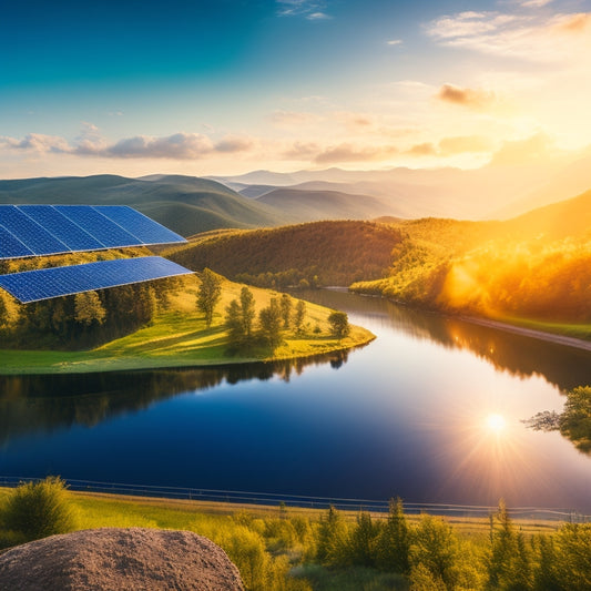 A vibrant landscape featuring solar panels glistening under the sun, wind turbines gracefully spinning on rolling hills, and a small hydroelectric dam with flowing water, surrounded by lush greenery and a clear blue sky.