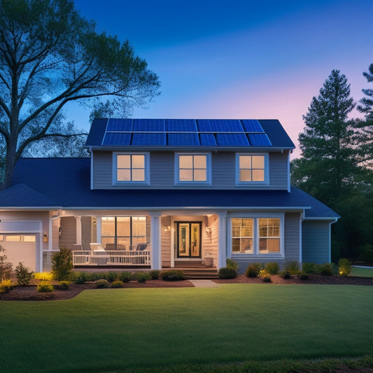 A serene suburban home at dusk, with a sleek solar panel array on the roof, a compact battery backup unit on the exterior wall, and a glowing LED light indicating a fully charged system.