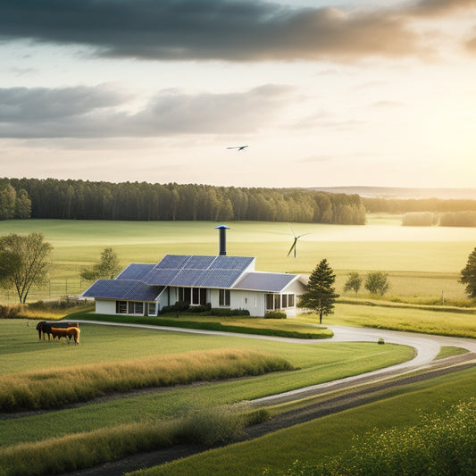 A serene rural landscape with a modern farmhouse, solar panels on the roof, a small wind turbine in the distance, and a sleek battery storage unit near the house, surrounded by lush greenery.