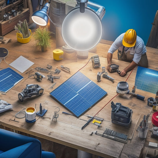 An illustration of a person in a well-lit, clutter-free workshop surrounded by various DIY energy system components, including solar panels, batteries, and wiring, with arrows and magnifying glasses highlighting inspection points.