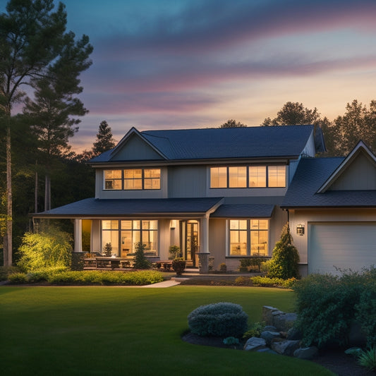 A serene suburban home at dusk, surrounded by lush greenery, with a subtle glow emanating from solar panels on the roof and a sleek, modern security system discreetly integrated into the exterior walls.