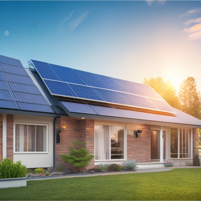 Generate an image depicting a modern residential house with solar panels installed on its roof, surrounded by a subtle grid of dollar signs and energy-efficient icons, set against a bright blue sky.