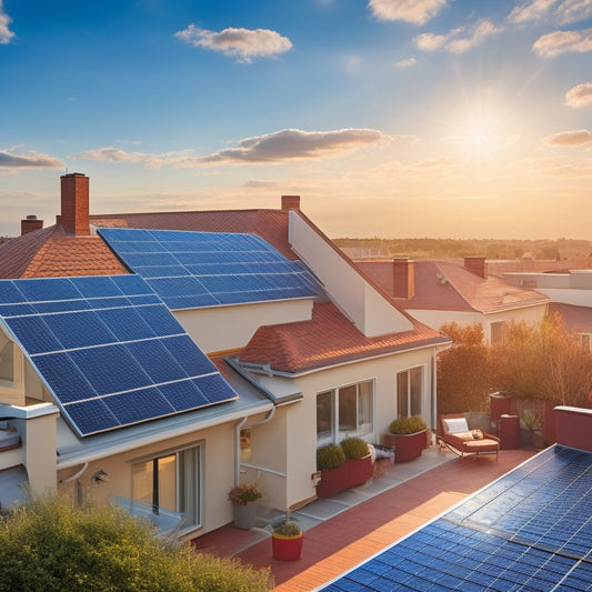 A serene, sun-kissed suburban rooftop with a sleek, black solar panel array, surrounded by chimneys, vents, and skylights, set against a soft, blue sky with wispy white clouds.