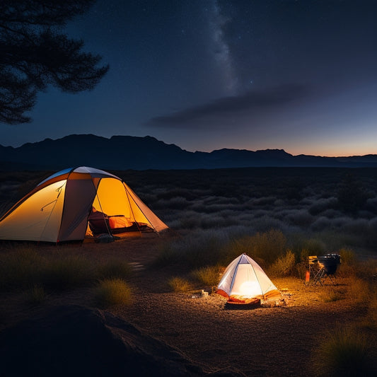 A serene wilderness campsite at dusk, featuring a portable power kit with solar panels, batteries, and cables, surrounded by a tent, camping gear, and a starry night sky.