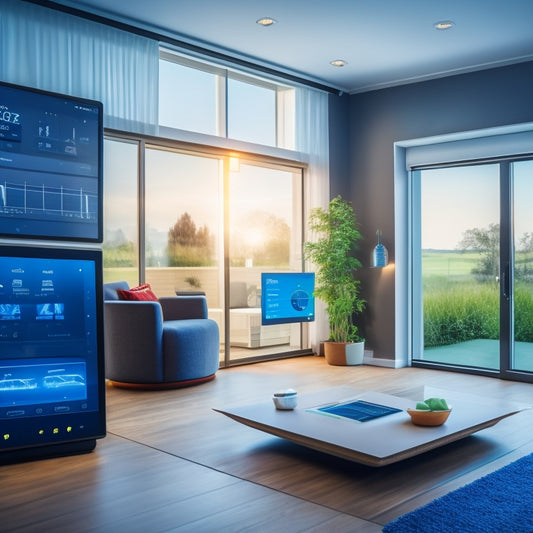 A modern home with a tablet displaying a dashboard showing real-time energy usage, surrounded by various smart devices and sensors, with wires and cables connecting them to a central hub.