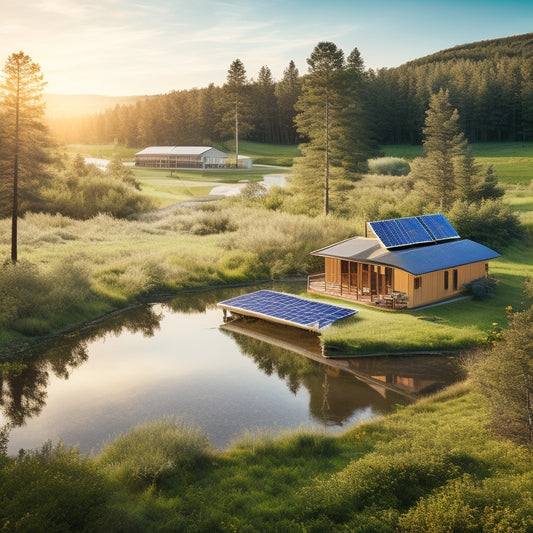 A serene, sun-drenched landscape with a modern off-grid cabin in the distance, surrounded by a mix of solar panels, wind turbines, and a battery bank, amidst lush greenery and a meandering stream.
