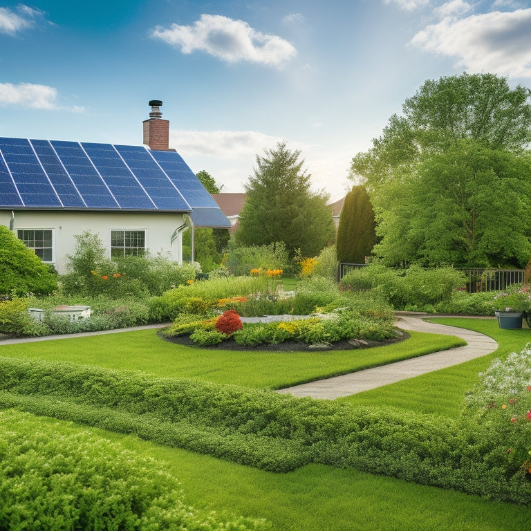 A serene suburban backyard featuring solar panels on a roof, a small wind turbine in the garden, and a vibrant vegetable patch, all under a bright blue sky with fluffy white clouds.