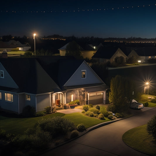 A darkened neighborhood with households lit only by flashlights, contrasted with a single home illuminated by a solar-powered lantern and a portable wind turbine on the roof.