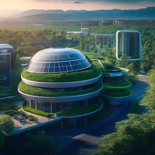 A futuristic urban neighborhood with sleek, modern homes, each adorned with rooftop solar panels, wind turbines, and vertical gardens, surrounded by lush greenery and a vibrant, sustainable community.