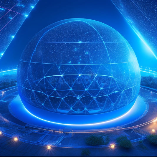 A futuristic, spherical energy hub with glowing blue circuits, surrounded by orbiting renewable energy sources (solar panels, wind turbines, hydroelectric generators) and interconnected by sparkling silver pathways.
