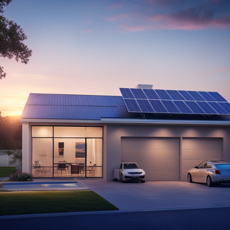 An illustration of a modern home with solar panels on the roof, a battery storage unit in the garage, and a subtle background of a cityscape at sunset with a faint grid pattern.