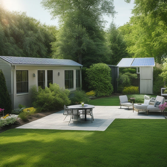 A serene suburban backyard with a small, sleek, silver portable solar panel array and a compact, modern battery storage unit, surrounded by lush greenery and a few outdoor furniture pieces.