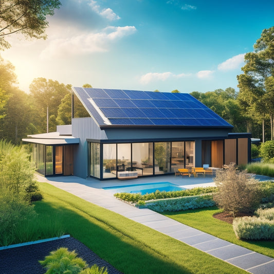 A modern, eco-friendly suburban home with a sloping roof covered in sleek, black solar power panels, surrounded by lush greenery and a bright blue sky with a few white, puffy clouds.