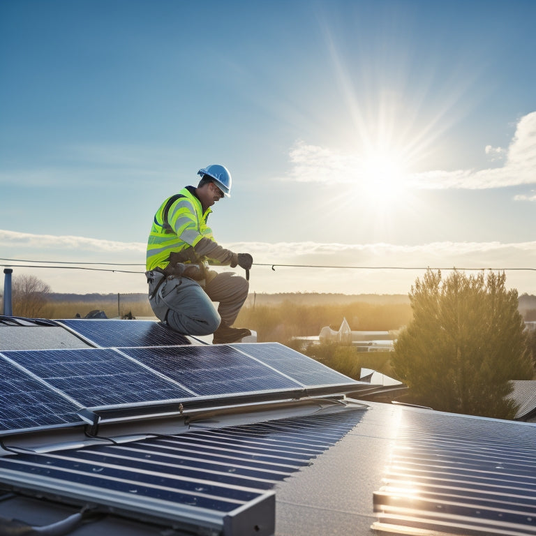 A solar panel installation in progress: a worker on a rooftop with a hammer, a roll of wires, and panels partially installed, with a sunny sky and a suburban neighborhood in the background.