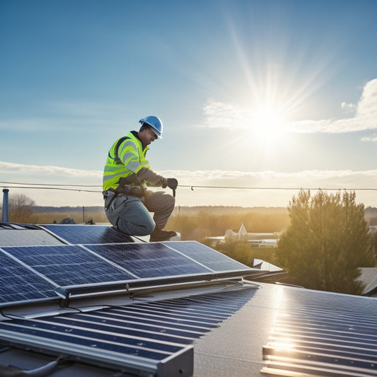 A solar panel installation in progress: a worker on a rooftop with a hammer, a roll of wires, and panels partially installed, with a sunny sky and a suburban neighborhood in the background.