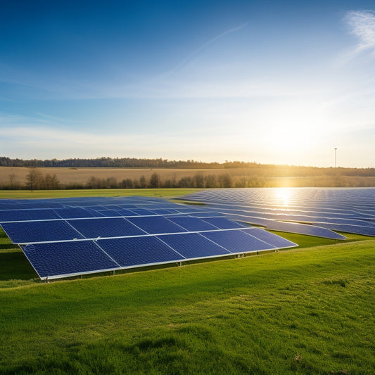 A serene landscape with a sprawling green meadow, dotted with rows of sleek, silver solar panels mounted on sturdy, black metal frames, angled towards a clear blue sky.