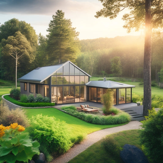 A serene, modern home surrounded by lush greenery, with solar panels on the roof, a wind turbine in the distance, and a rainwater harvesting system visible on the side.