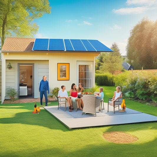 A serene, sunny backyard with a sleek, modern solar panel array on the roof, a compact wind turbine spinning lazily, and a small, humming electrical generator near a happy family playing in the garden.