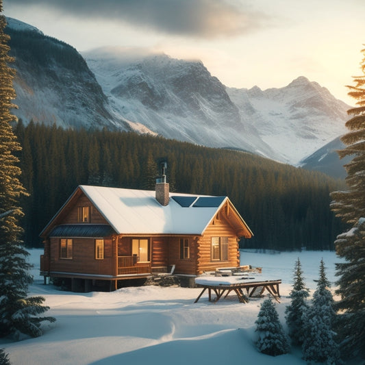 A serene, remote cabin nestled among trees, with snow-capped mountains in the background, featuring a roof-mounted solar panel array and a standalone inverter on the side of the cabin.