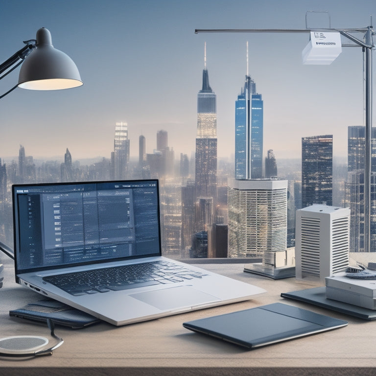 A minimalist illustration of a laptop sitting on a desk, surrounded by scattered online shopping tabs and a few inverter boxes, with a subtle cityscape background and a faint grid of wires.