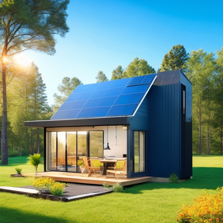 A serene, modern, tiny home (less than 500 sqft) surrounded by lush greenery, with a sleek, black solar panel array (10-12 panels) on the roof, set against a bright blue sky with a few puffy white clouds.
