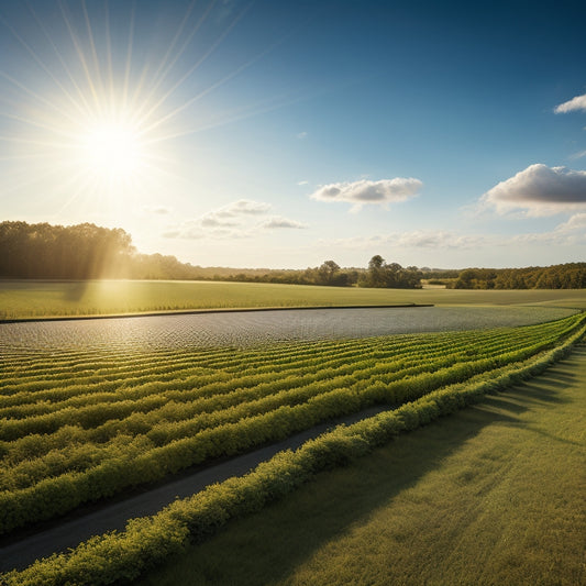 A serene landscape featuring rows of sleek, silver solar panels angled towards the sky, surrounded by lush greenery and a distant horizon with a few wispy clouds.