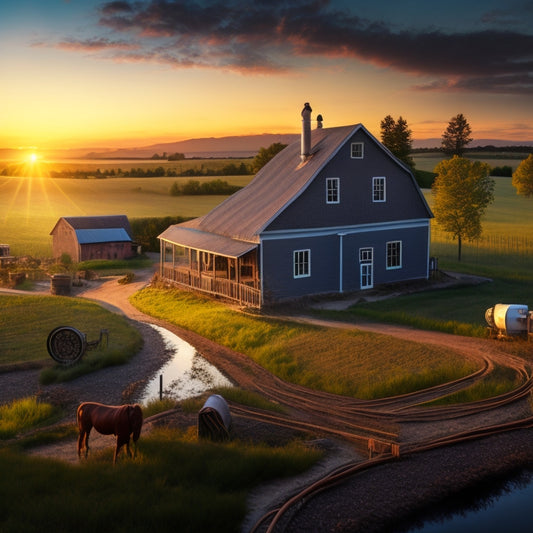 An illustration of a rural farm landscape at sunset, featuring a farmhouse, barn, and various water pumps, pipes, and electrical components, with cables and wires connecting them.