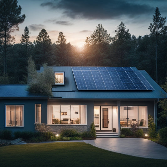 A serene suburban home with solar panels on the roof, surrounded by lush greenery, with a sleek, modern home battery storage system visible through a window, emitting a soft blue glow.