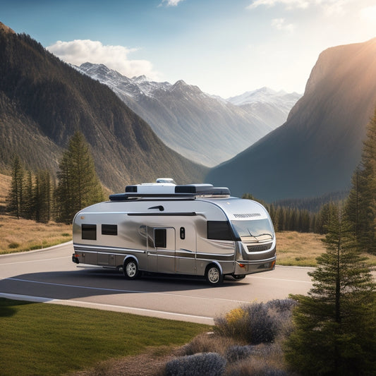 An illustration of a sleek, silver RV with a folding solar panel array on its roof, parked amidst a scenic mountain range, with a winding road and evergreen trees in the background.