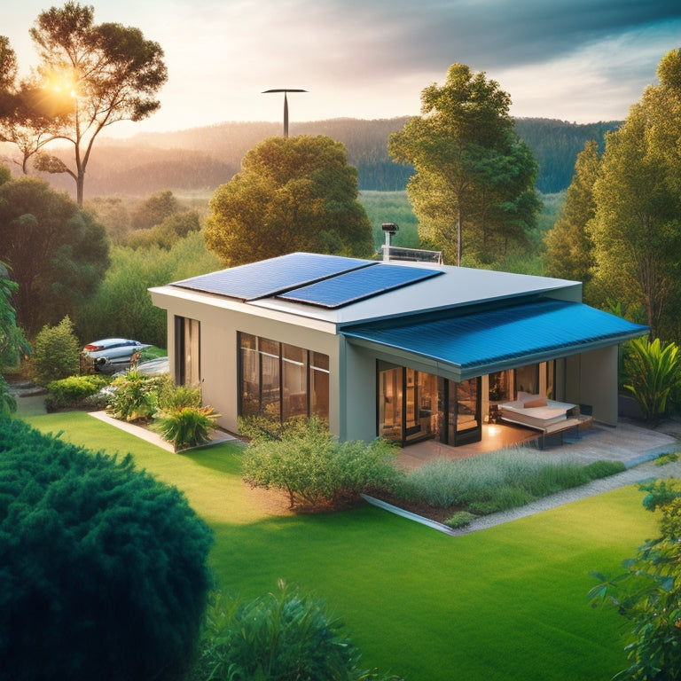 A serene, modern home surrounded by lush greenery, with a rooftop solar array, wind turbine, and rainwater harvesting system, connected to a battery bank and inverter in the foreground.