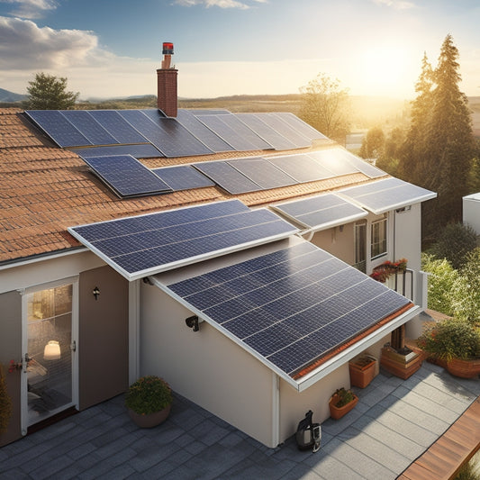 A photorealistic image of a residential rooftop with a partially installed solar panel array, tools and equipment scattered around, and a ladder leaning against the roof's edge.