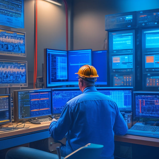 A colorful illustration of a person in a well-organized control room surrounded by battery banks, monitoring screens, and toolboxes, with a subtle background of circuit diagrams and wiring schematics.
