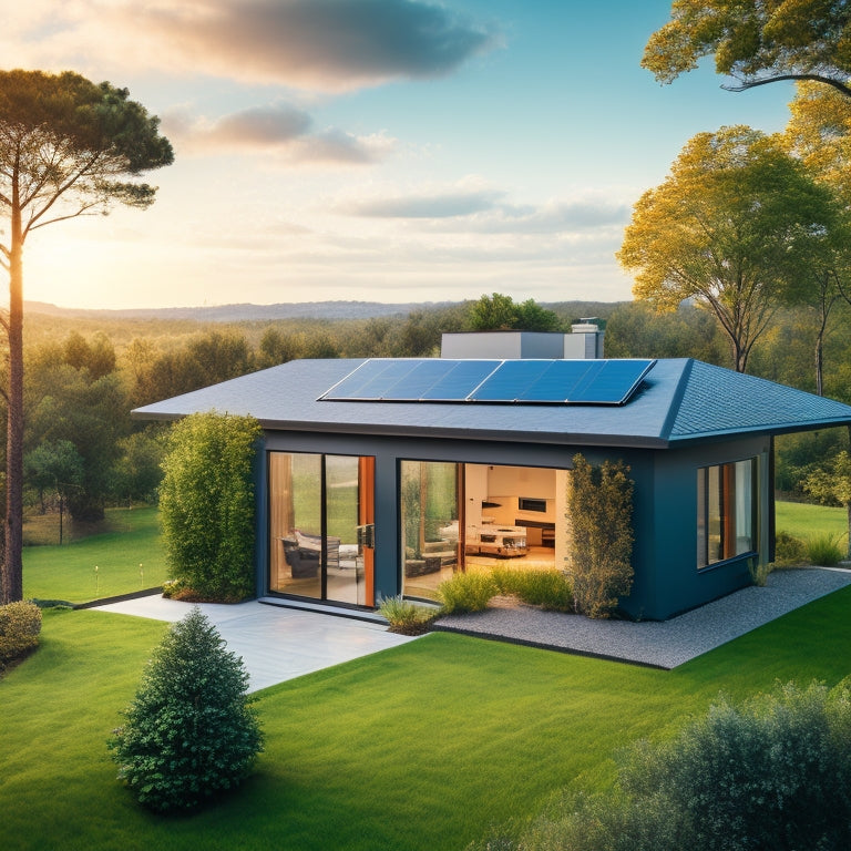 A serene, modern home surrounded by lush greenery, with a rooftop solar panel array, a wind turbine in the distance, and a compact, sleek battery storage unit visible through a window.