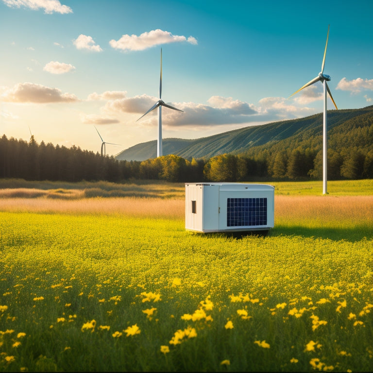 A serene landscape featuring a sleek, solar-powered generator amidst lush greenery, surrounded by wind turbines, with vibrant wildflowers and a clear blue sky, symbolizing sustainability and harmony with nature.