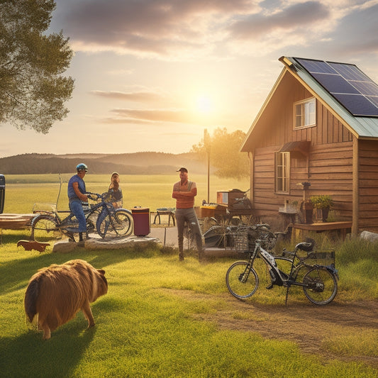 A serene off-grid homestead scene with a rooftop solar panel array, a battery bank in the background, and a person happily charging their electric bike or power tools in the foreground.