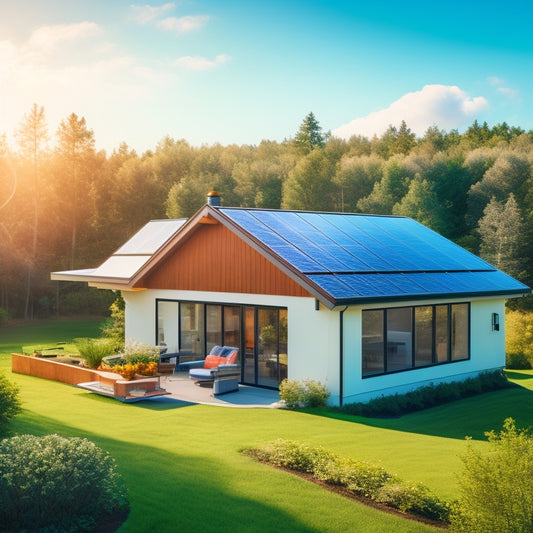 A serene, modern home with solar panels on the roof, a wind turbine in the background, and a battery storage system visible through a large window, surrounded by lush greenery and a bright blue sky.