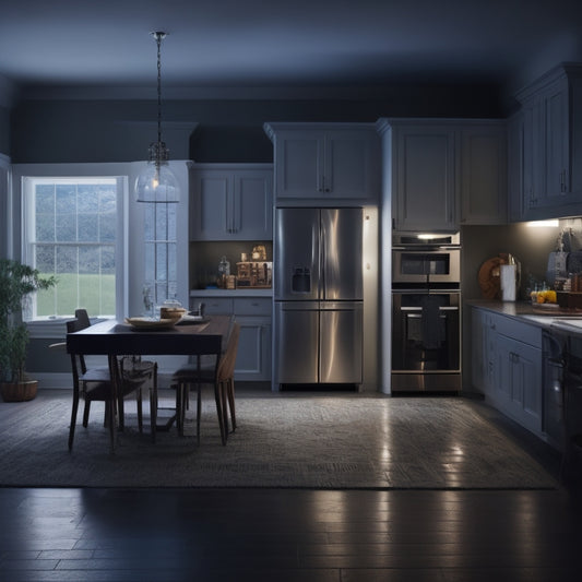 A serene home setting during a storm, featuring a modern, sleek generator in the foreground, surrounded by illuminated devices like a refrigerator and lights, showcasing a reliable power supply amidst darkened surroundings.