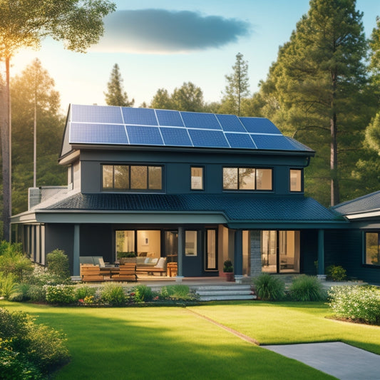 A serene suburban home with a sleek, black solar panel array on the roof, connected to a compact, grey battery backup system on the side of the house, surrounded by lush greenery.