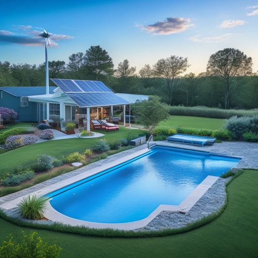 A serene backyard scene with a sparkling blue pool surrounded by lush greenery, featuring a solar panel array on the roof and a wind turbine in the distance.