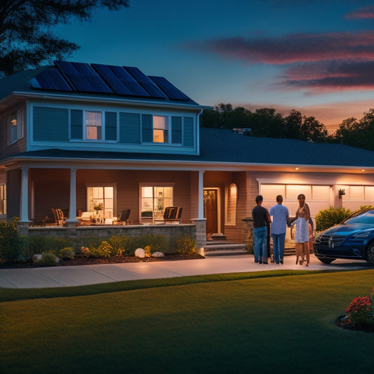 A serene suburban home at dusk with solar panels on the roof, a sleek battery backup system in the garage, and a peaceful family enjoying a lit-up dinner in the background.