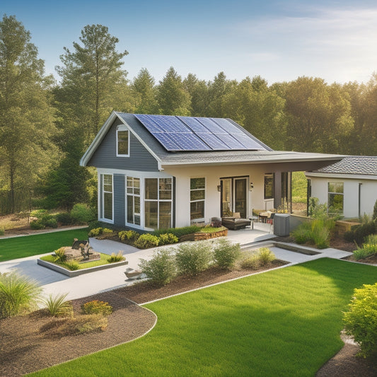 A bright, modern suburban home with a rooftop solar panel array and a small, sleek wind turbine in the backyard, surrounded by lush greenery and a few DIY tools scattered around.