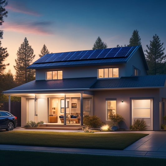 An illustration featuring a modern home with solar panels on the roof, a battery storage unit in the garage, and a subtle glow of lights inside the house during a nighttime power outage.