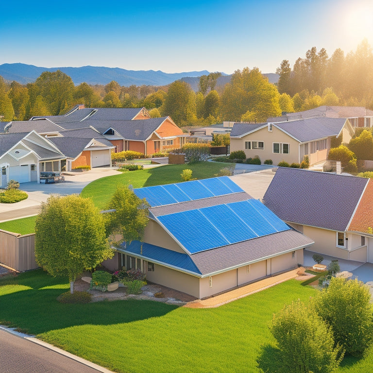 A serene, sun-drenched suburban landscape with multiple rooftops featuring various solar panel systems, each with distinct designs, sizes, and installation styles, set against a bright blue sky.