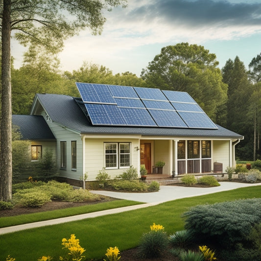 A serene suburban home with a small solar panel array on the roof, surrounded by lush greenery, with a few panels angled differently to showcase varied installation options.