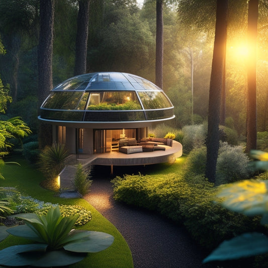 A futuristic backyard scene with a DIY-built, solar-powered treehouse surrounded by lush greenery, with sleek, modern solar panels integrated into the roof, and a winding, LED-lit pathway leading up to the entrance.