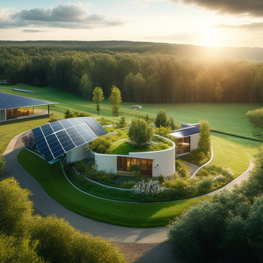 A serene landscape featuring a modern, sustainable home surrounded by lush greenery, with solar panels, wind turbines, and a battery storage system, connected by a network of efficient, curved pipes.